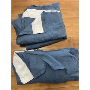 A Pair Classic Belgian Flax 100% Linen Curtain Mineral Blue 58x 96”